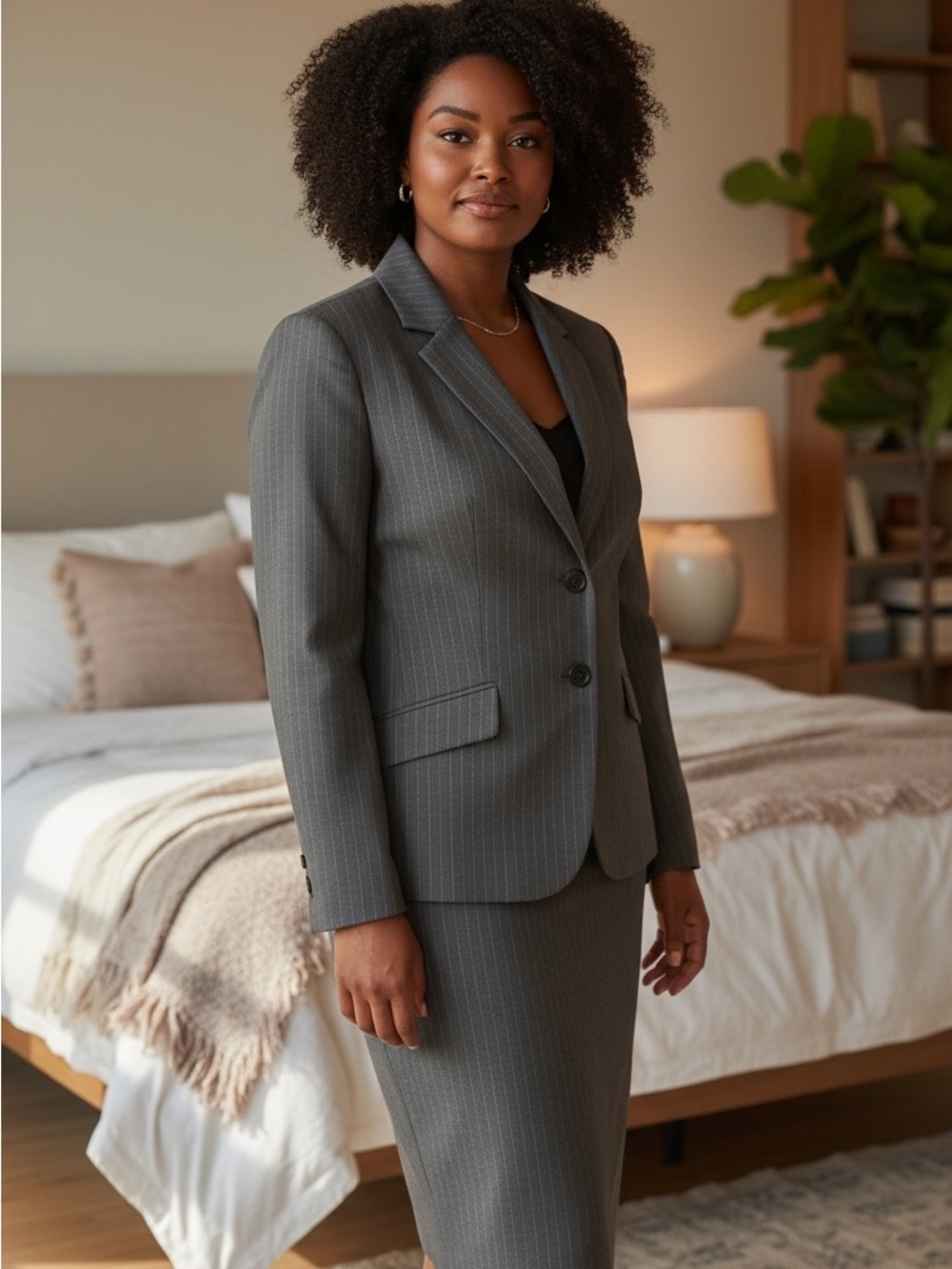 Tailored Brown Grey Pinstripe Women's Skirt Suit Set